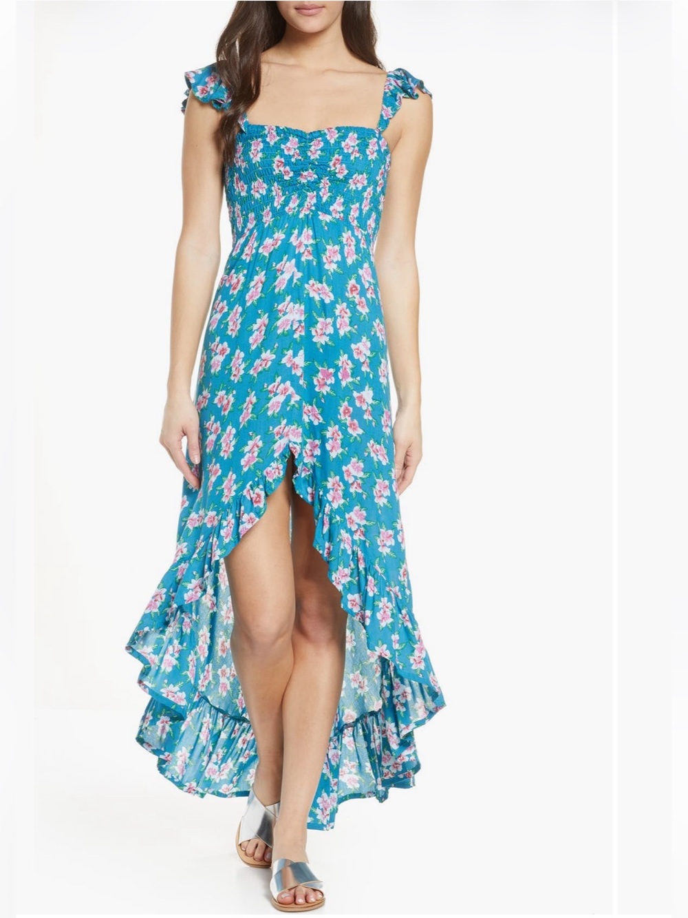 Tiare Hawaii Teal Floral Smocked Bodice High-Low Maxi Dress